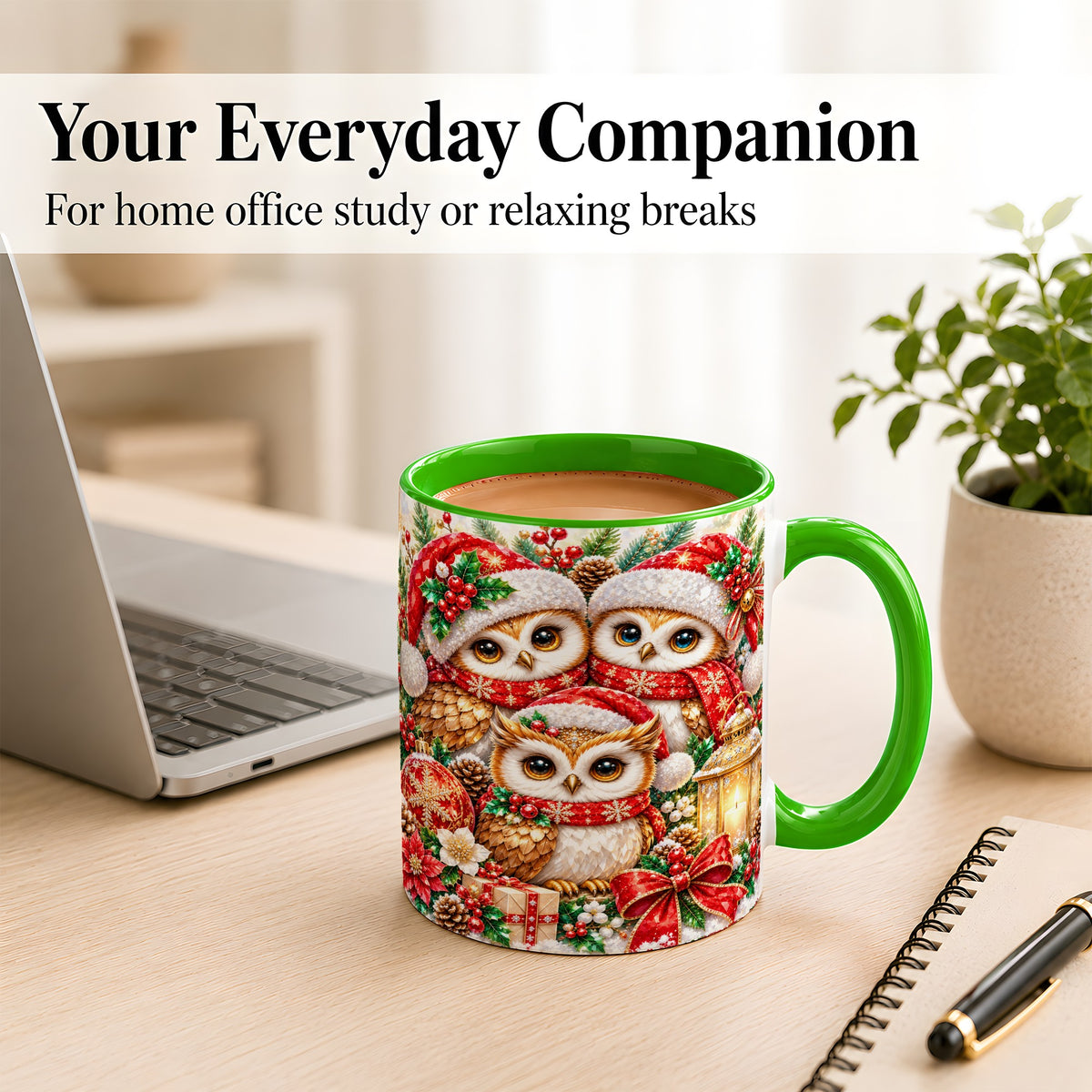#pl[11oz|Green] Faceted Owl Family Coffee Mug, Christmas Owl Mug, Ceramic Cup