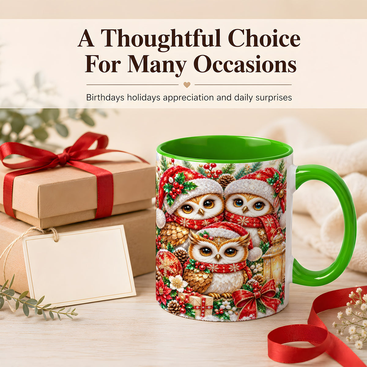 #pl[11oz|Green] Faceted Owl Family Coffee Mug, Christmas Owl Mug, Ceramic Cup