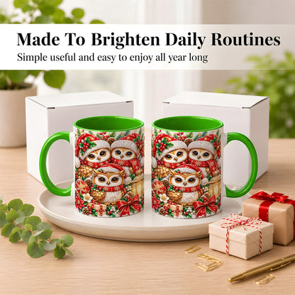 #pl[11oz|Green] Faceted Owl Family Coffee Mug, Christmas Owl Mug, Ceramic Cup