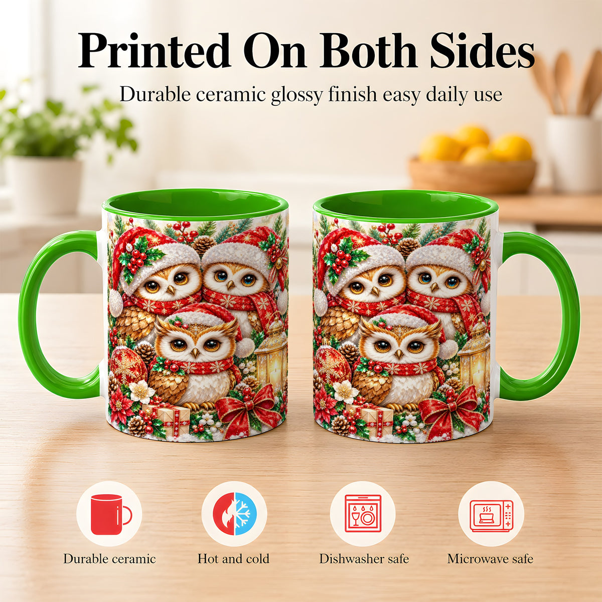 #pl[11oz|Green] Faceted Owl Family Coffee Mug, Christmas Owl Mug, Ceramic Cup