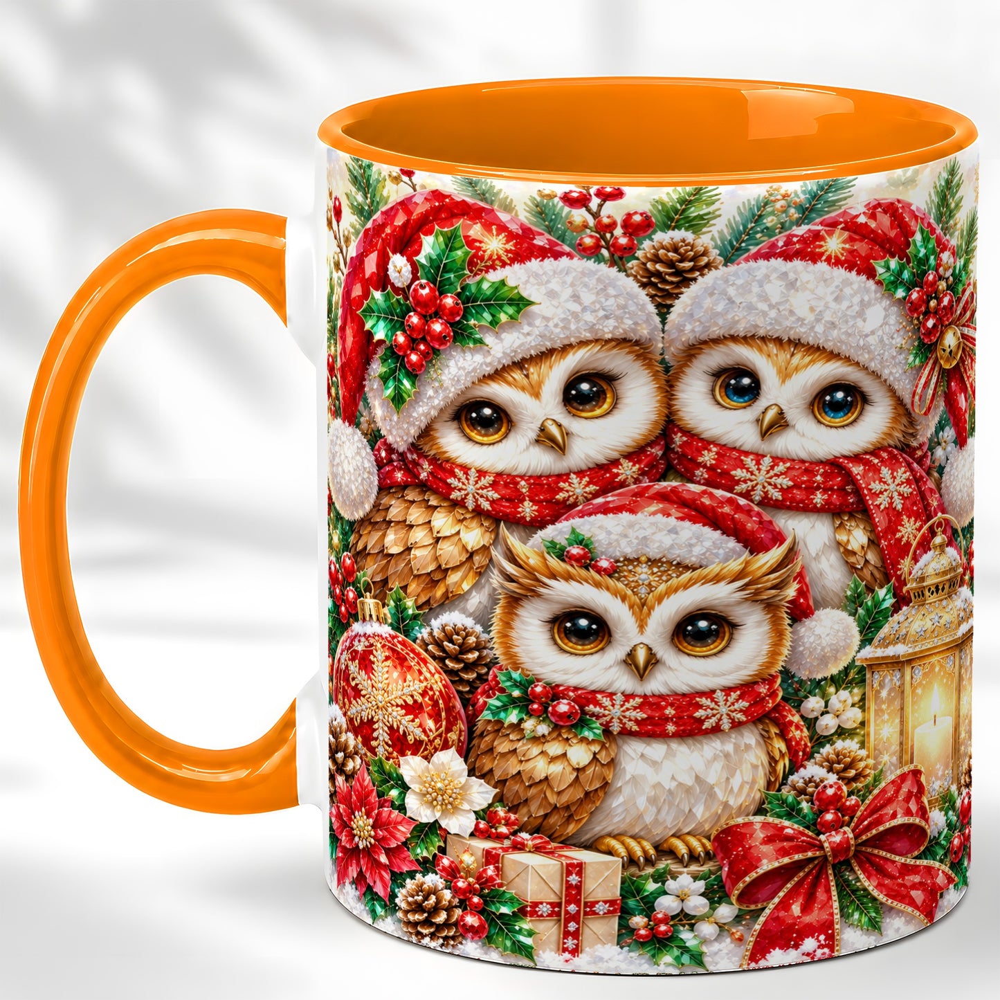 #pl[11oz|Orange] Faceted Owl Family Coffee Mug, Christmas Owl Mug, Ceramic Cup