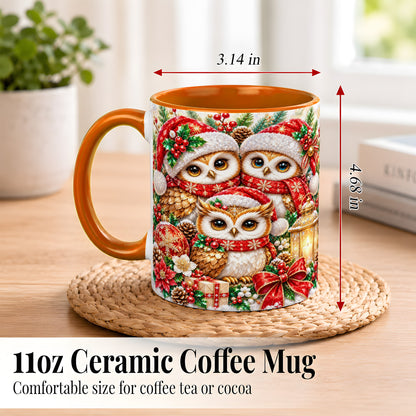 #pl[11oz|Orange] Faceted Owl Family Coffee Mug, Christmas Owl Mug, Ceramic Cup