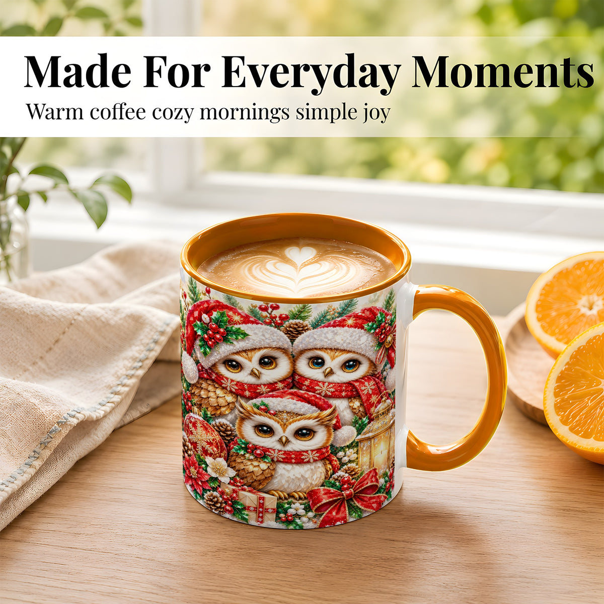 #pl[11oz|Orange] Faceted Owl Family Coffee Mug, Christmas Owl Mug, Ceramic Cup