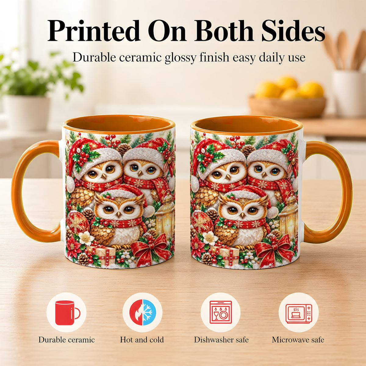 #pl[11oz|Orange] Faceted Owl Family Coffee Mug, Christmas Owl Mug, Ceramic Cup