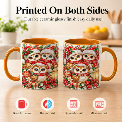 #pl[11oz|Orange] Faceted Owl Family Coffee Mug, Christmas Owl Mug, Ceramic Cup