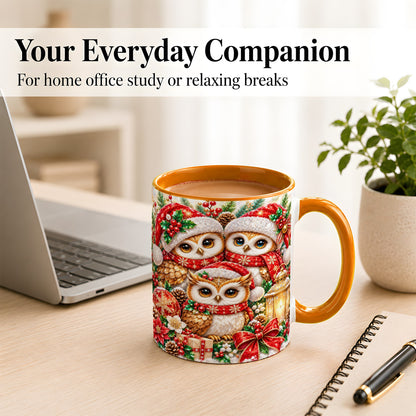 #pl[11oz|Orange] Faceted Owl Family Coffee Mug, Christmas Owl Mug, Ceramic Cup