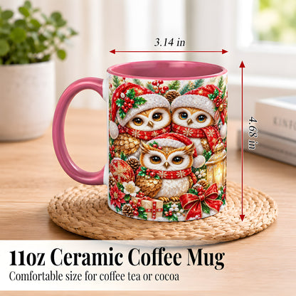 #pl[11oz|Pink] Faceted Owl Family Coffee Mug, Christmas Owl Mug, Ceramic Cup