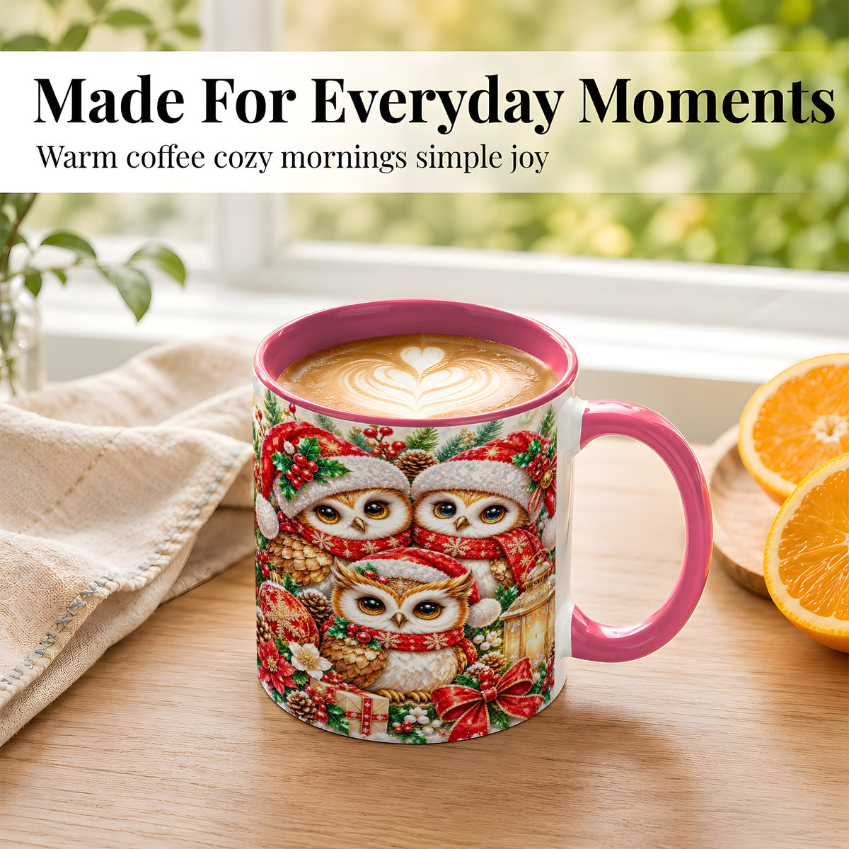 #pl[11oz|Pink] Faceted Owl Family Coffee Mug, Christmas Owl Mug, Ceramic Cup