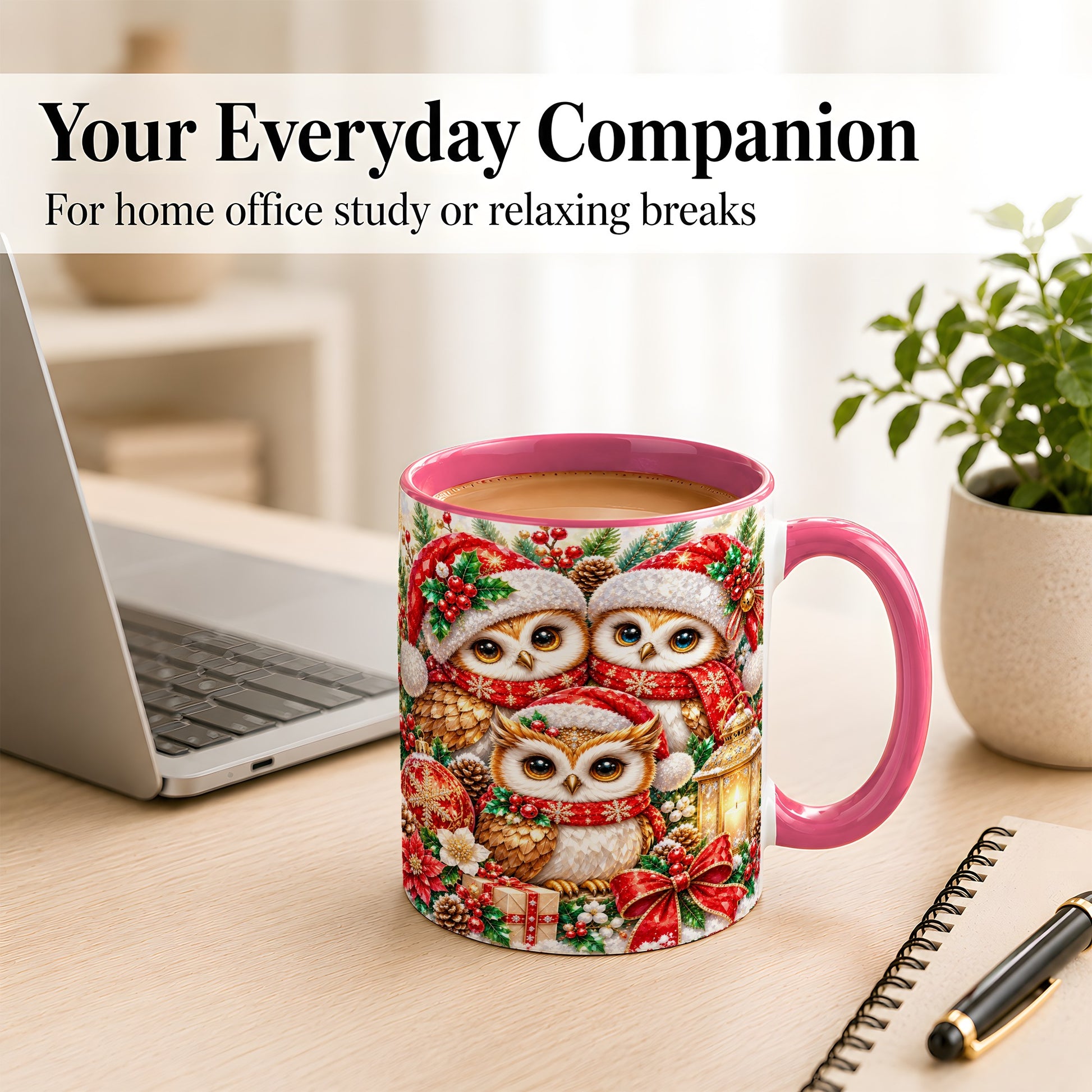 #pl[11oz|Pink] Faceted Owl Family Coffee Mug, Christmas Owl Mug, Ceramic Cup