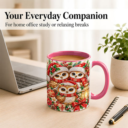 #pl[11oz|Pink] Faceted Owl Family Coffee Mug, Christmas Owl Mug, Ceramic Cup