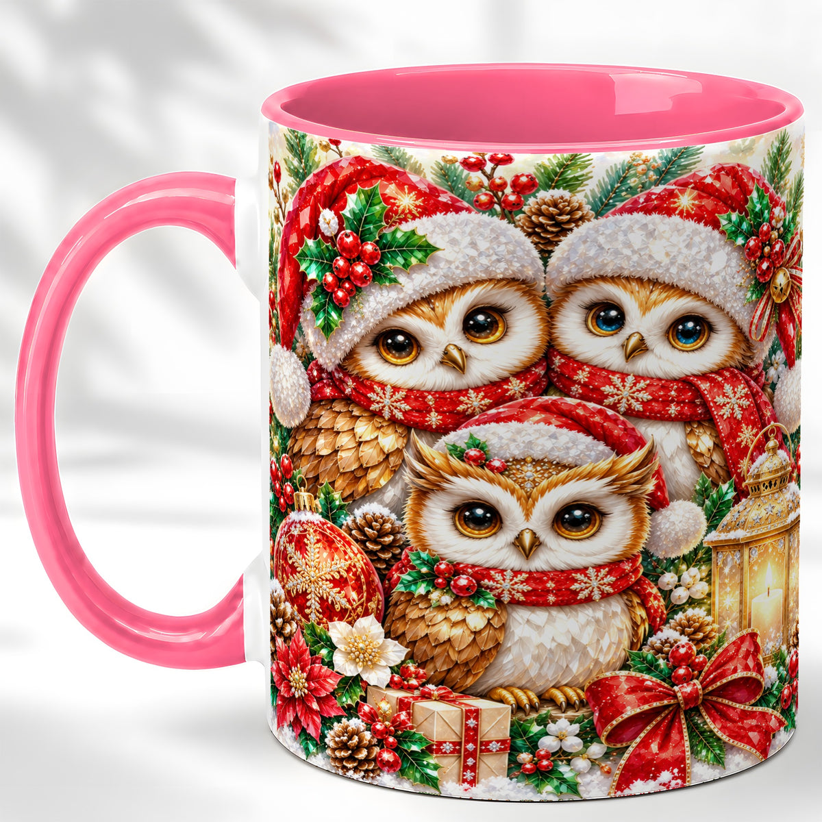 #pl[11oz|Pink] Faceted Owl Family Coffee Mug, Christmas Owl Mug, Ceramic Cup