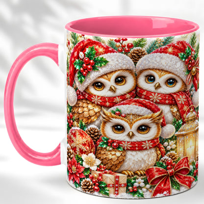 #pl[11oz|Pink] Faceted Owl Family Coffee Mug, Christmas Owl Mug, Ceramic Cup