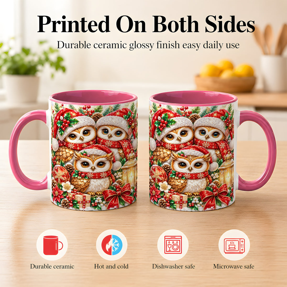 #pl[11oz|Pink] Faceted Owl Family Coffee Mug, Christmas Owl Mug, Ceramic Cup