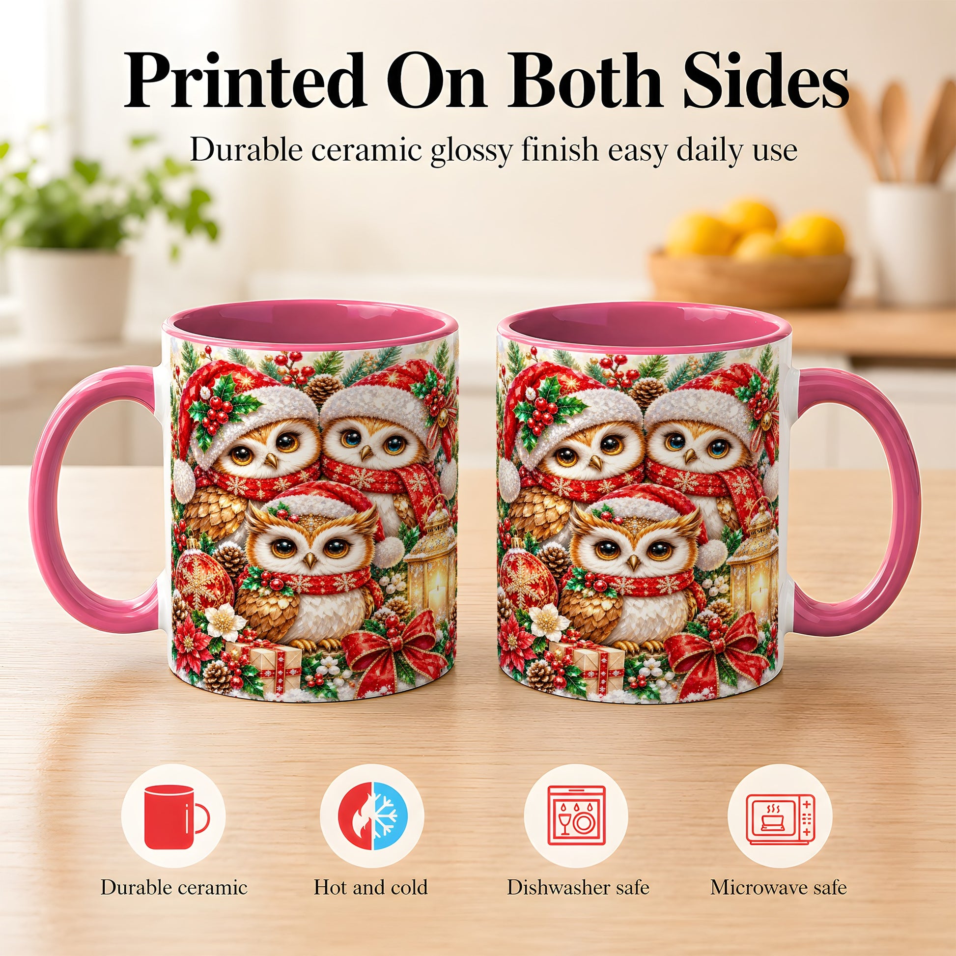 #pl[11oz|Pink] Faceted Owl Family Coffee Mug, Christmas Owl Mug, Ceramic Cup