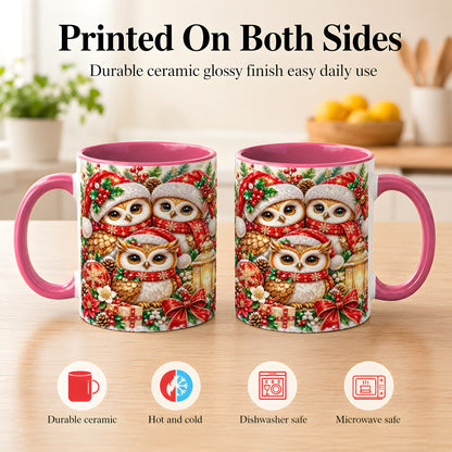 #pl[11oz|Pink] Faceted Owl Family Coffee Mug, Christmas Owl Mug, Ceramic Cup