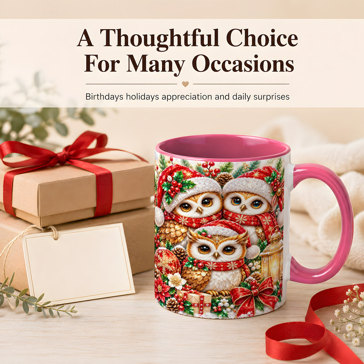 #pl[11oz|Pink] Faceted Owl Family Coffee Mug, Christmas Owl Mug, Ceramic Cup