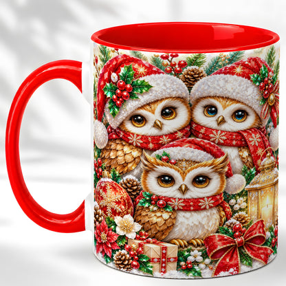 Faceted Owl Family Coffee Mug, Christmas Owl Mug, Ceramic Cup