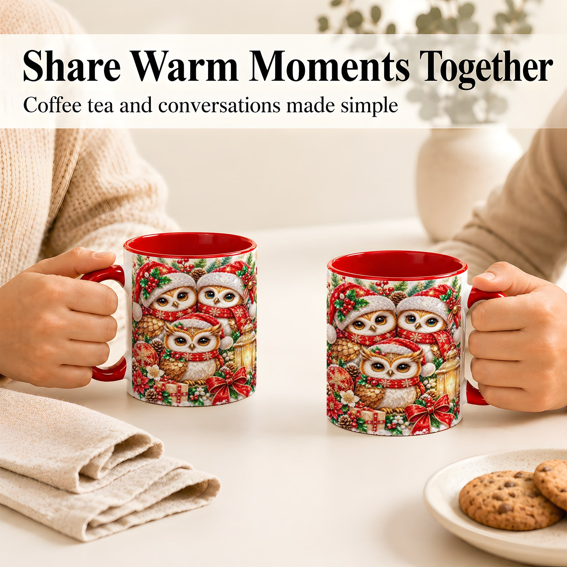 #pl[11oz|Red] Faceted Owl Family Coffee Mug, Christmas Owl Mug, Ceramic Cup