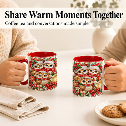 #pl[11oz|Red] Faceted Owl Family Coffee Mug, Christmas Owl Mug, Ceramic Cup