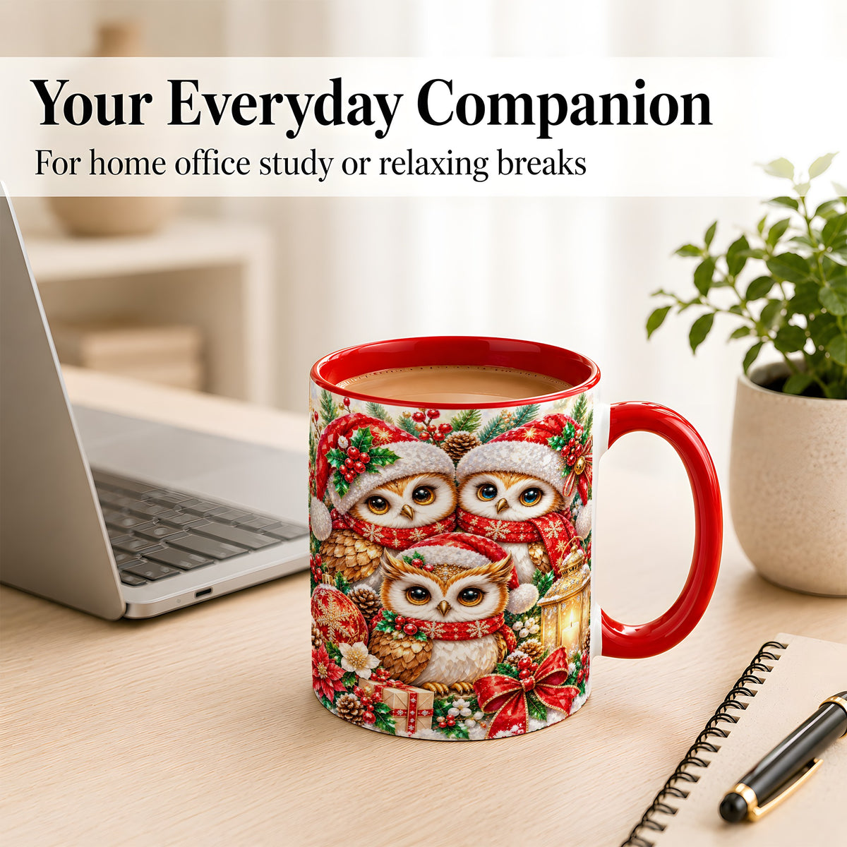 #pl[11oz|Red] Faceted Owl Family Coffee Mug, Christmas Owl Mug, Ceramic Cup