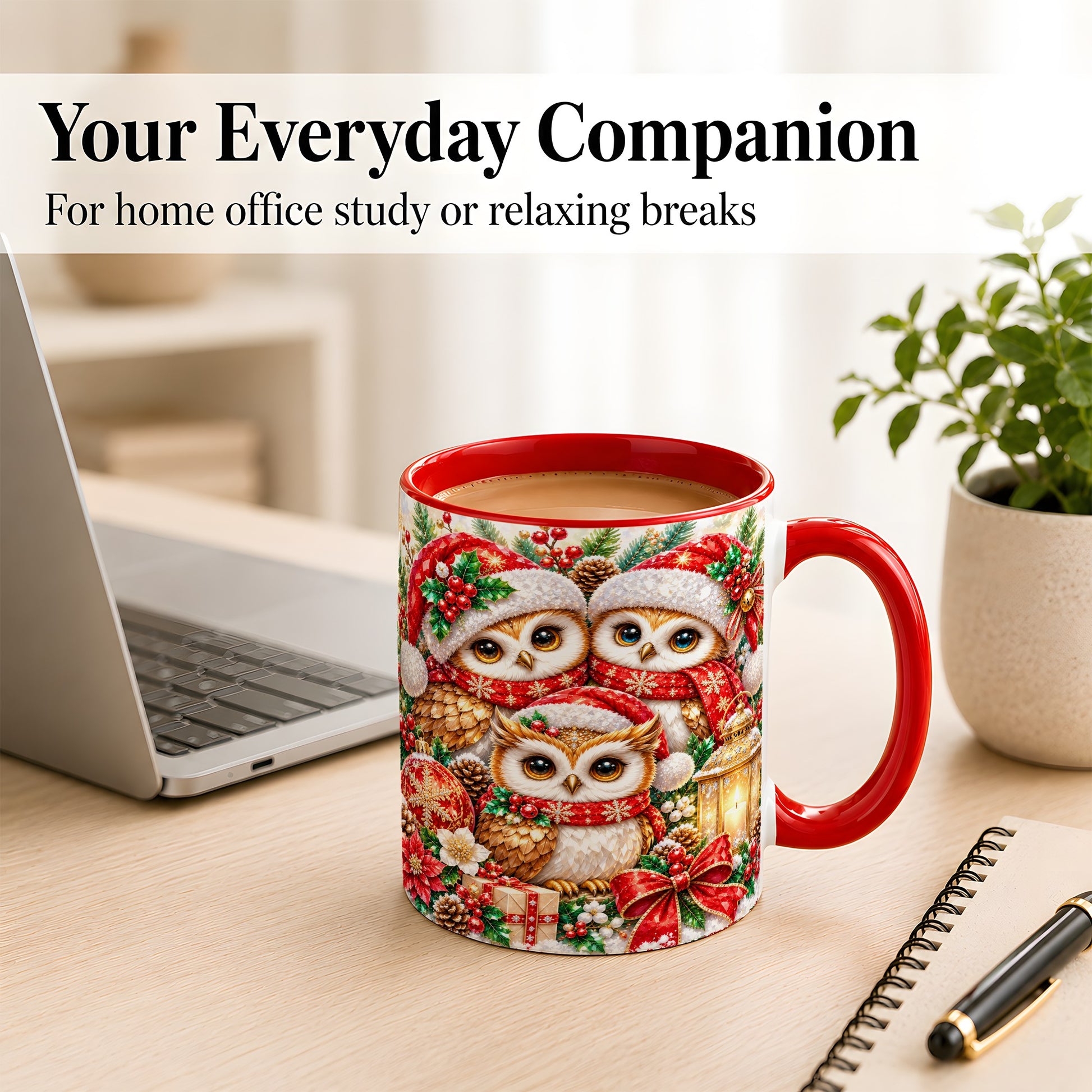 #pl[11oz|Red] Faceted Owl Family Coffee Mug, Christmas Owl Mug, Ceramic Cup