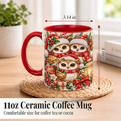 #pl[11oz|Red] Faceted Owl Family Coffee Mug, Christmas Owl Mug, Ceramic Cup