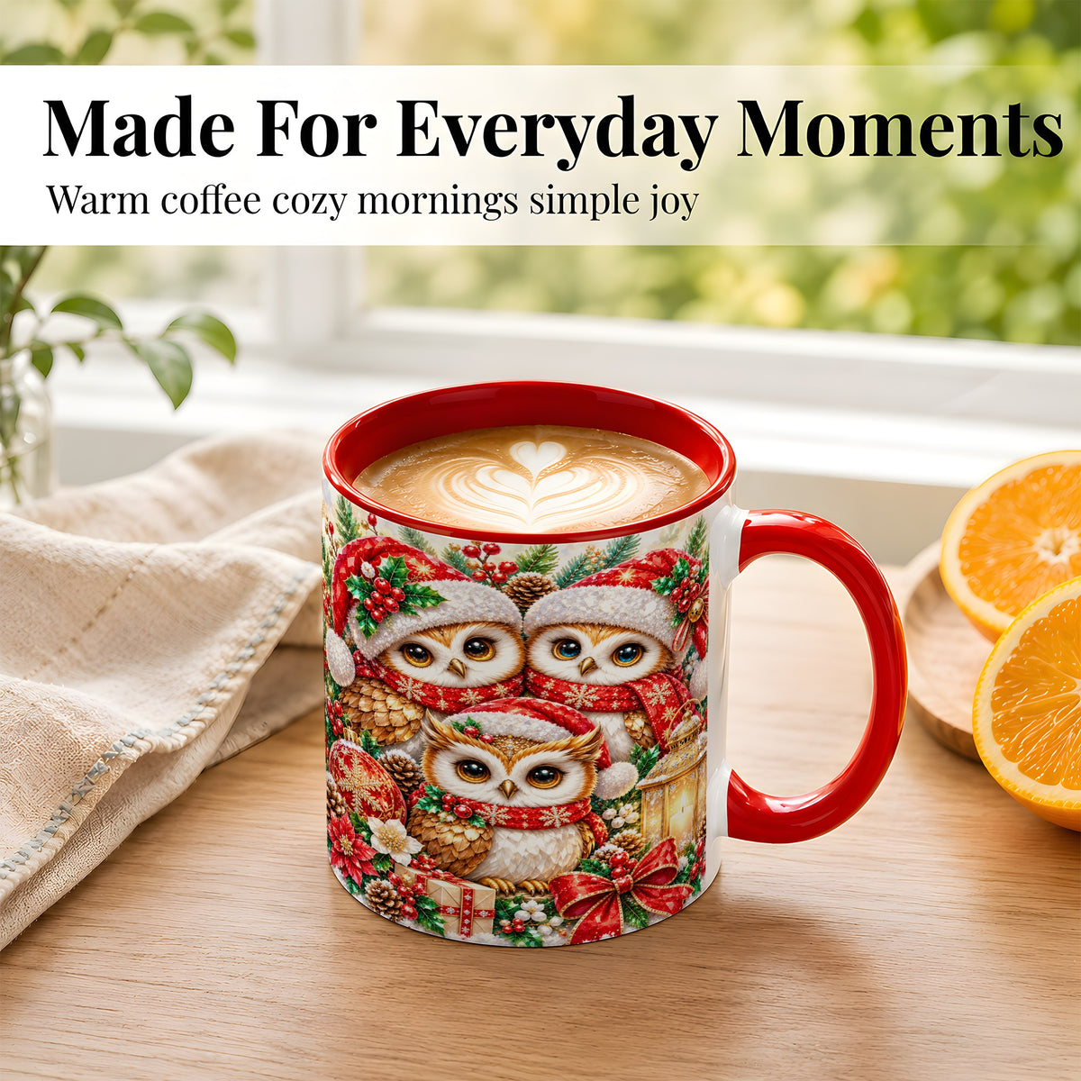 #pl[11oz|Red] Faceted Owl Family Coffee Mug, Christmas Owl Mug, Ceramic Cup