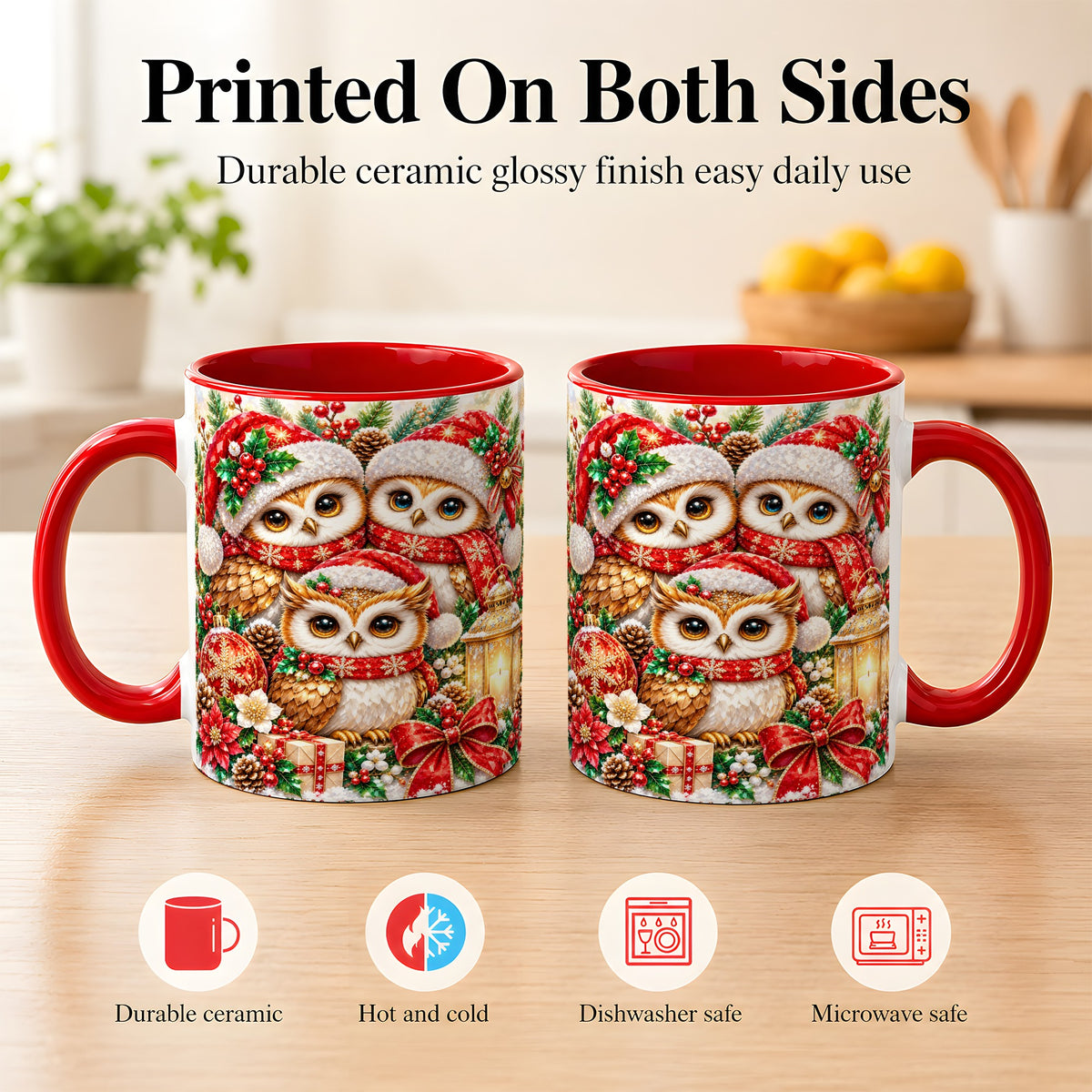 #pl[11oz|Red] Faceted Owl Family Coffee Mug, Christmas Owl Mug, Ceramic Cup