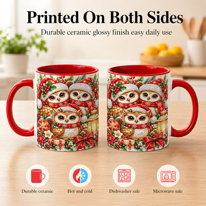 #pl[11oz|Red] Faceted Owl Family Coffee Mug, Christmas Owl Mug, Ceramic Cup