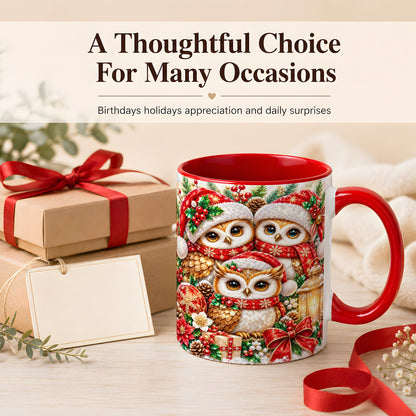 #pl[11oz|Red] Faceted Owl Family Coffee Mug, Christmas Owl Mug, Ceramic Cup