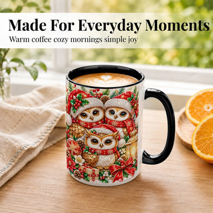 #pl[15oz|Black] Faceted Owl Family Coffee Mug, Christmas Owl Mug, Ceramic Cup