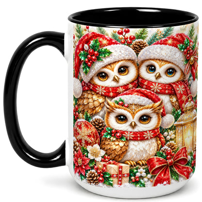 #pl[15oz|Black] Faceted Owl Family Coffee Mug, Christmas Owl Mug, Ceramic Cup