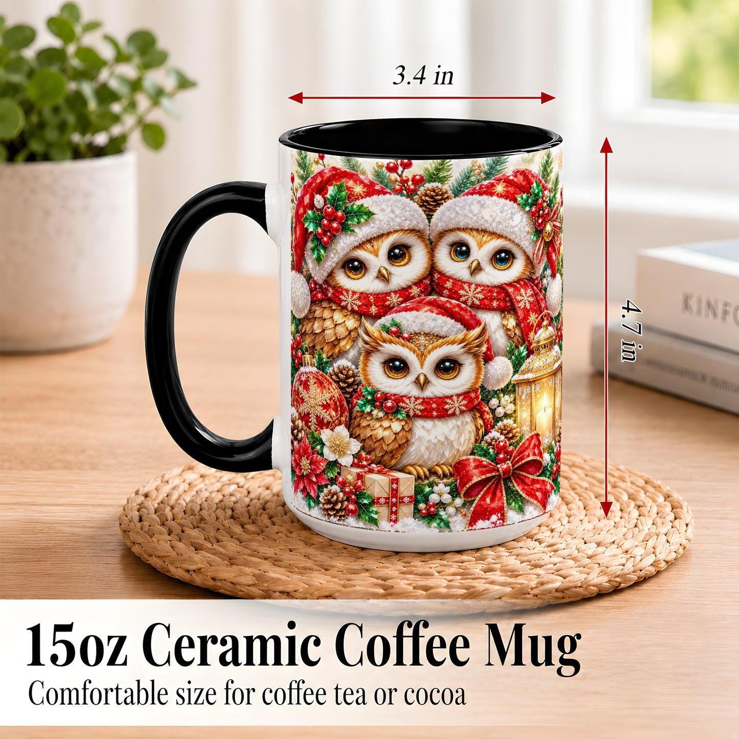 #pl[15oz|Black] Faceted Owl Family Coffee Mug, Christmas Owl Mug, Ceramic Cup