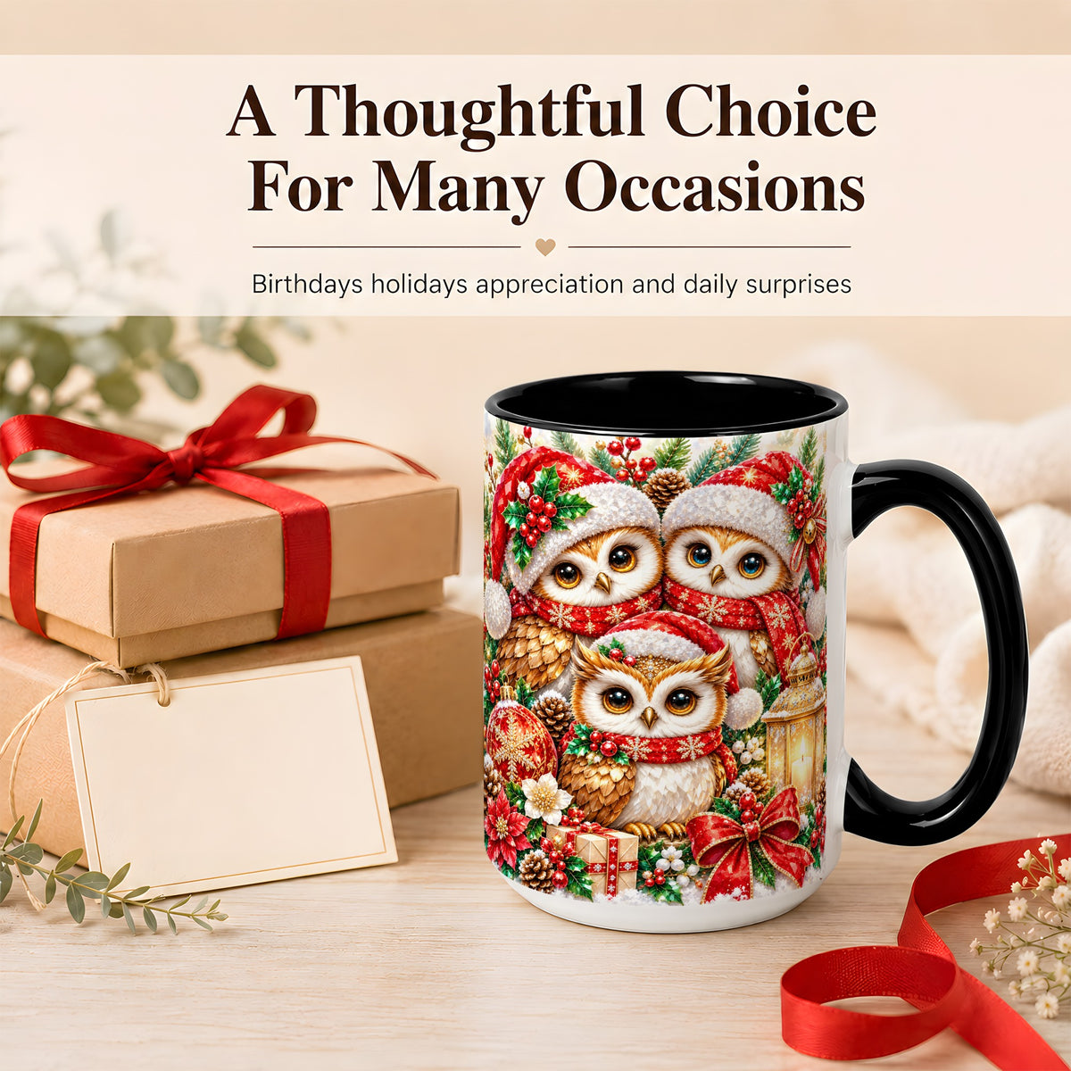 #pl[15oz|Black] Faceted Owl Family Coffee Mug, Christmas Owl Mug, Ceramic Cup