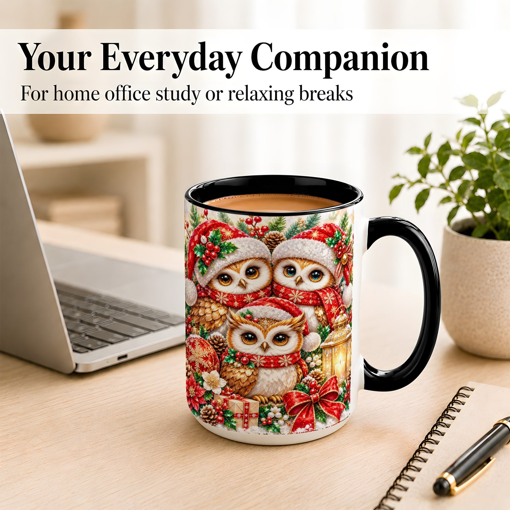 #pl[15oz|Black] Faceted Owl Family Coffee Mug, Christmas Owl Mug, Ceramic Cup