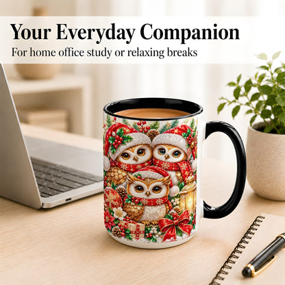 #pl[15oz|Black] Faceted Owl Family Coffee Mug, Christmas Owl Mug, Ceramic Cup