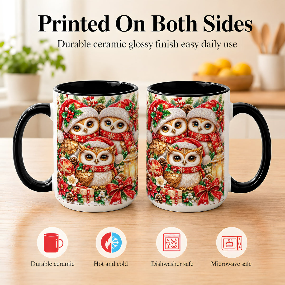 #pl[15oz|Black] Faceted Owl Family Coffee Mug, Christmas Owl Mug, Ceramic Cup