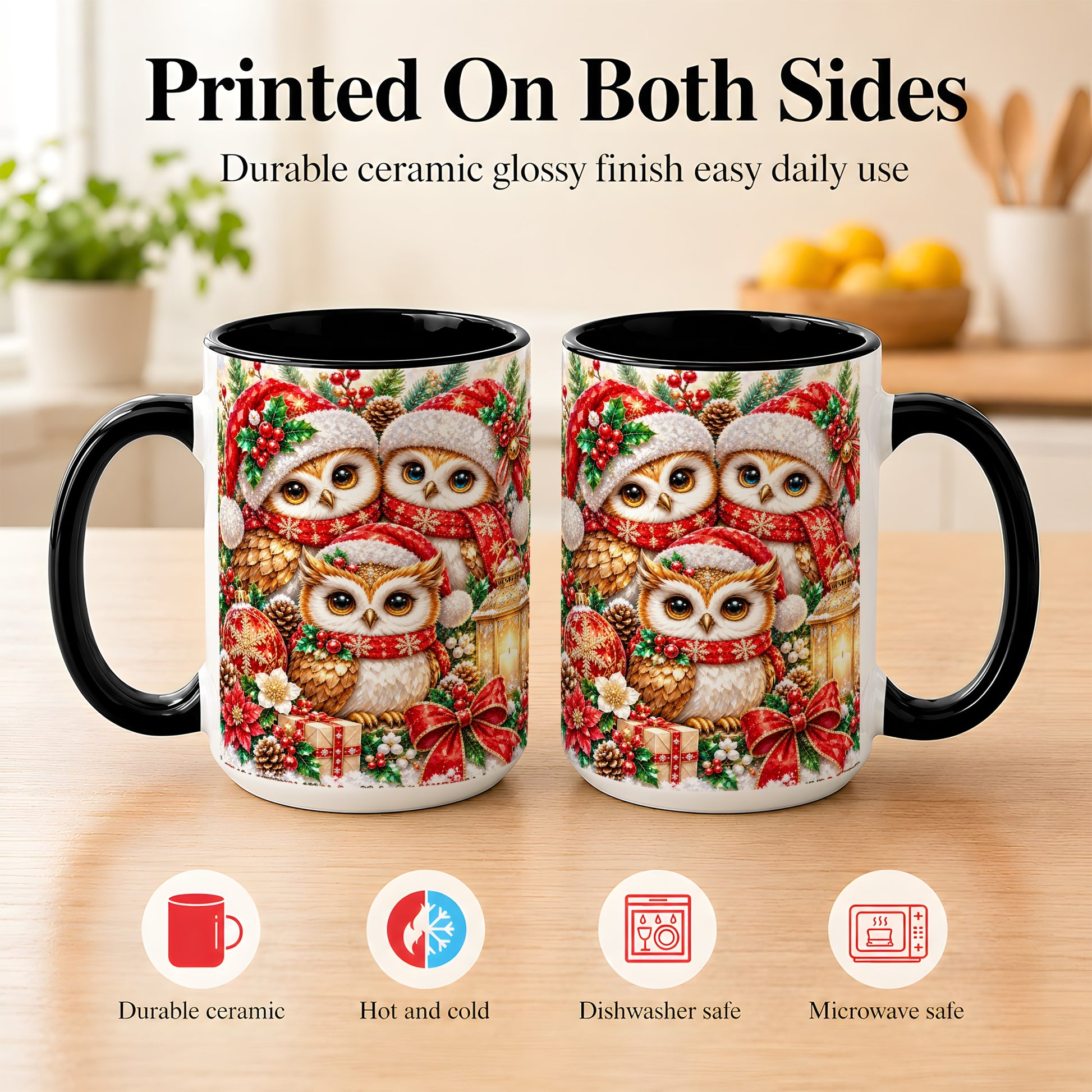 #pl[15oz|Black] Faceted Owl Family Coffee Mug, Christmas Owl Mug, Ceramic Cup