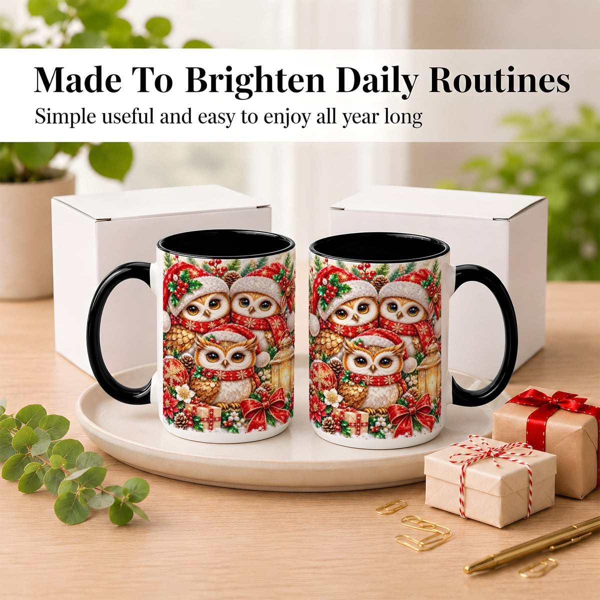 #pl[15oz|Black] Faceted Owl Family Coffee Mug, Christmas Owl Mug, Ceramic Cup