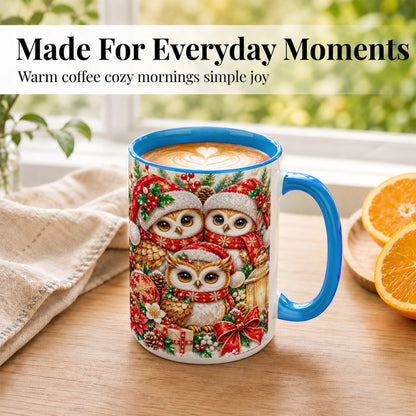 #pl[15oz|Blue] Faceted Owl Family Coffee Mug, Christmas Owl Mug, Ceramic Cup