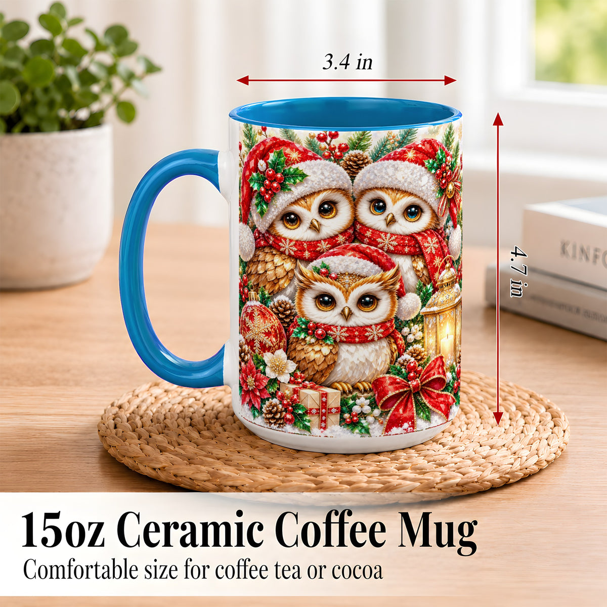 #pl[15oz|Blue] Faceted Owl Family Coffee Mug, Christmas Owl Mug, Ceramic Cup