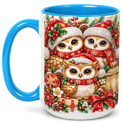 #pl[15oz|Blue] Faceted Owl Family Coffee Mug, Christmas Owl Mug, Ceramic Cup