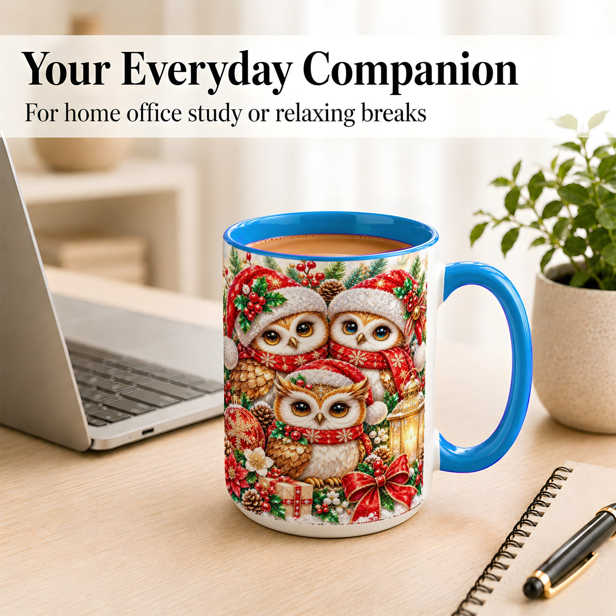#pl[15oz|Blue] Faceted Owl Family Coffee Mug, Christmas Owl Mug, Ceramic Cup