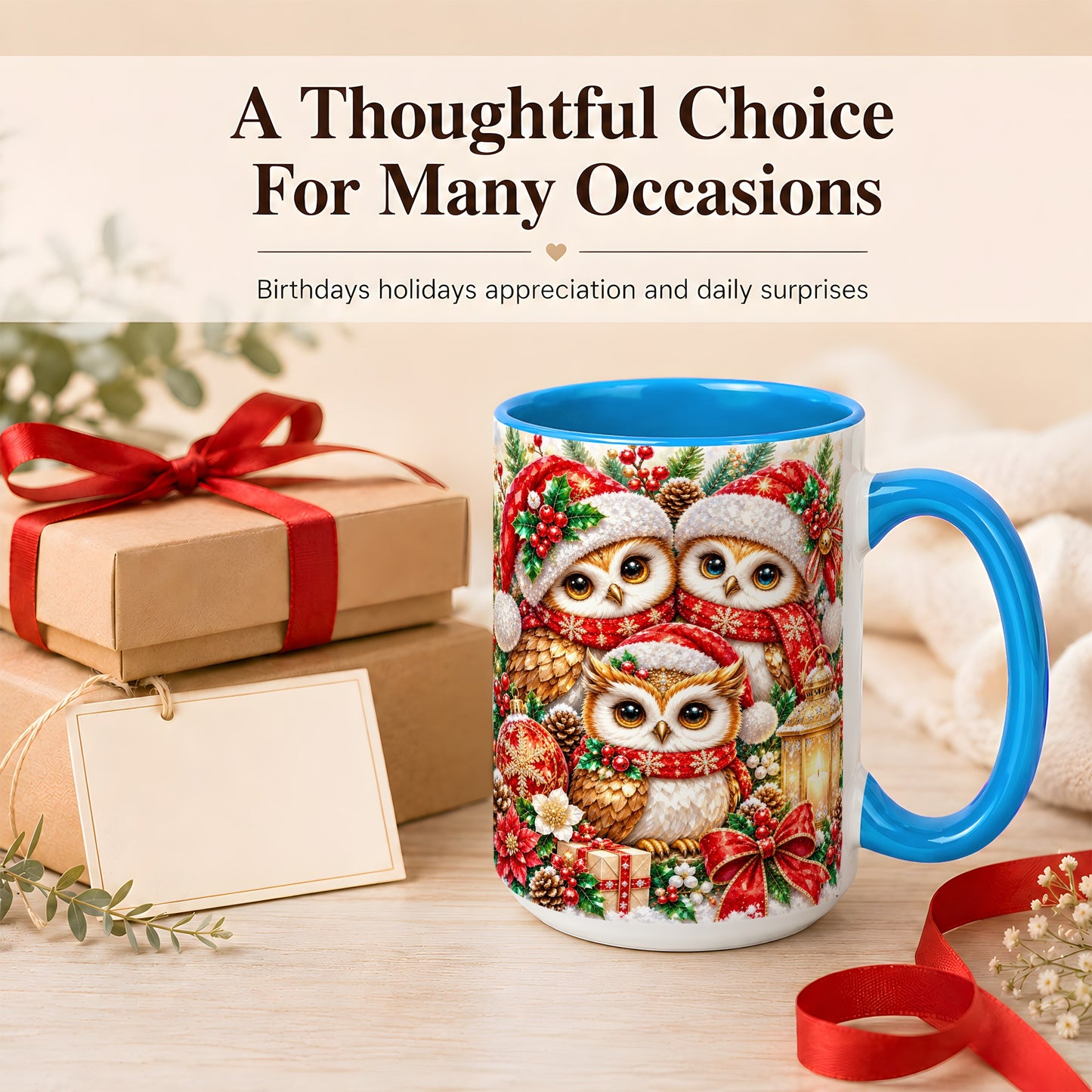 #pl[15oz|Blue] Faceted Owl Family Coffee Mug, Christmas Owl Mug, Ceramic Cup