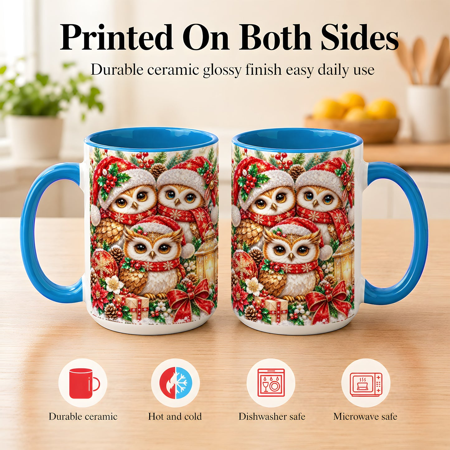 #pl[15oz|Blue] Faceted Owl Family Coffee Mug, Christmas Owl Mug, Ceramic Cup