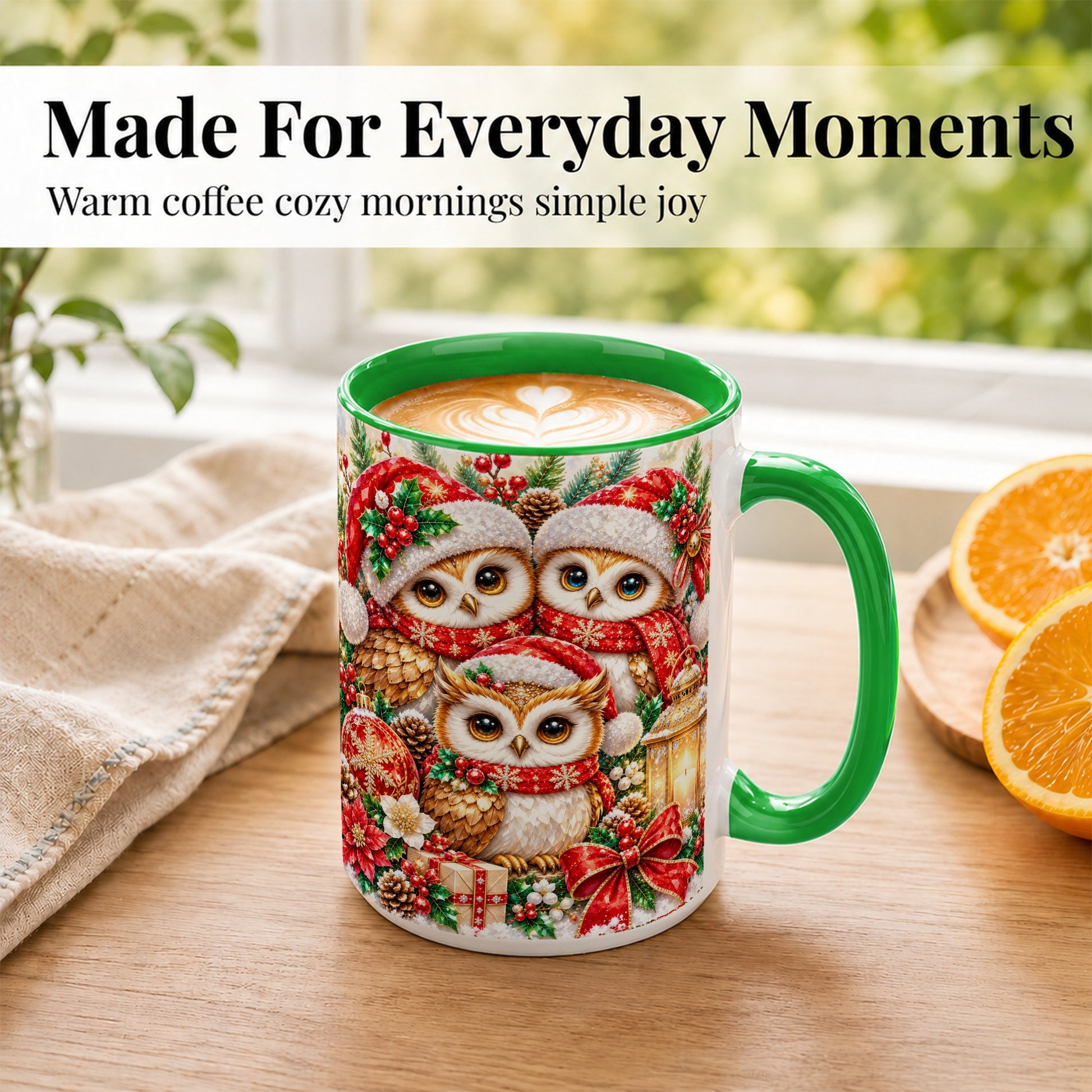 #pl[15oz|Green] Faceted Owl Family Coffee Mug, Christmas Owl Mug, Ceramic Cup