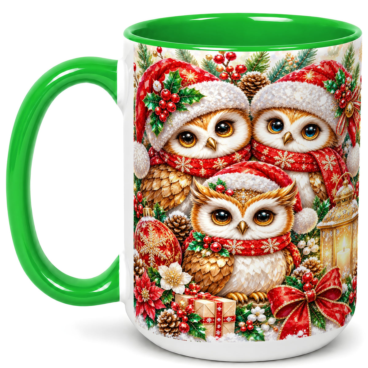 #pl[15oz|Green] Faceted Owl Family Coffee Mug, Christmas Owl Mug, Ceramic Cup