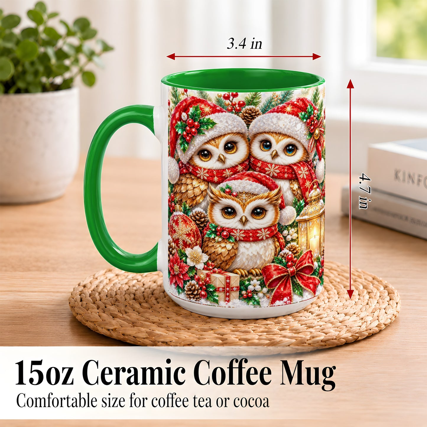 #pl[15oz|Green] Faceted Owl Family Coffee Mug, Christmas Owl Mug, Ceramic Cup