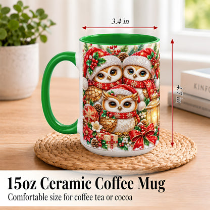 #pl[15oz|Green] Faceted Owl Family Coffee Mug, Christmas Owl Mug, Ceramic Cup