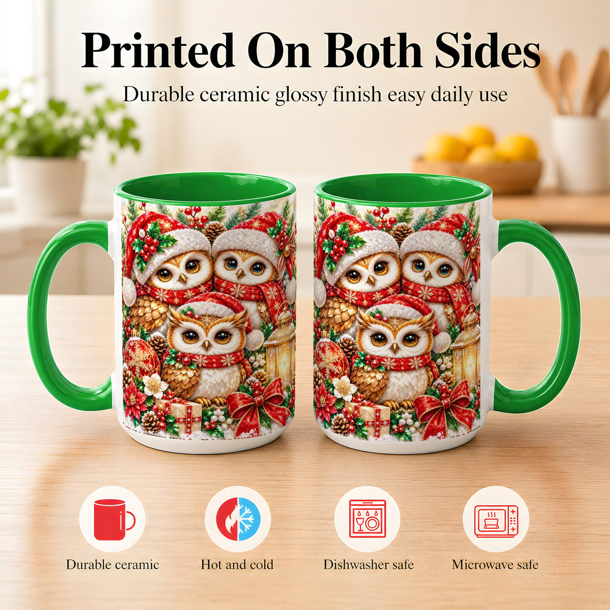 #pl[15oz|Green] Faceted Owl Family Coffee Mug, Christmas Owl Mug, Ceramic Cup